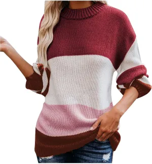 Womens Fall Long Sleeve Striped Color Block Chunky Sweater Plus Size Fall Fashion Lantern Sleeve Blouse Tops