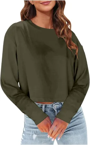Womens Fashion Fall Long Sleeve Cropped T-Shirts Round Neck Drop Shoulder Crop Sweatshirts Solid Casual Crop Tops