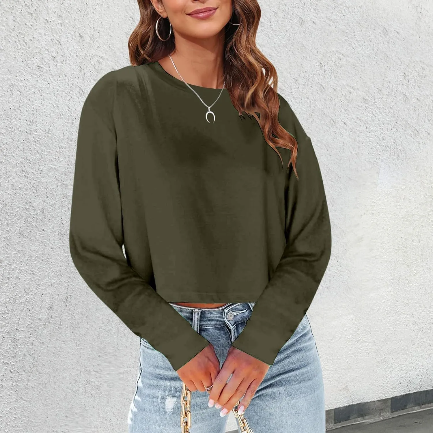 Womens Fashion Fall Long Sleeve Cropped T-Shirts Round Neck Drop Shoulder Crop Sweatshirts Solid Casual Crop Tops