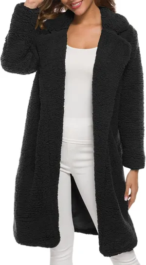 Womens Fashion Solid Length Wool Coat Long Sleeve Open Front Outwear Casual Warm Loose Overcoat Outdoor Winter Clothes
