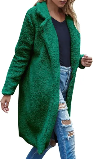 Womens Fashion Solid Length Wool Coat Long Sleeve Open Front Outwear Casual Warm Loose Overcoat Outdoor Winter Clothes