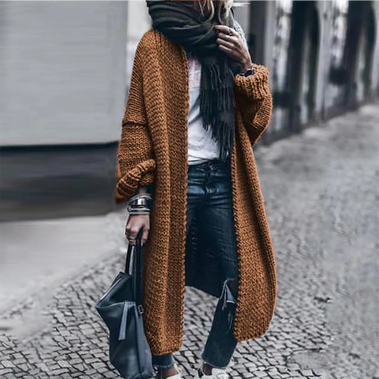 Women's Fashion Sweater Knit Coat Long Sleeve Warm Solid Color Jacket Cardigan Loose Casual Sweater Overcoat