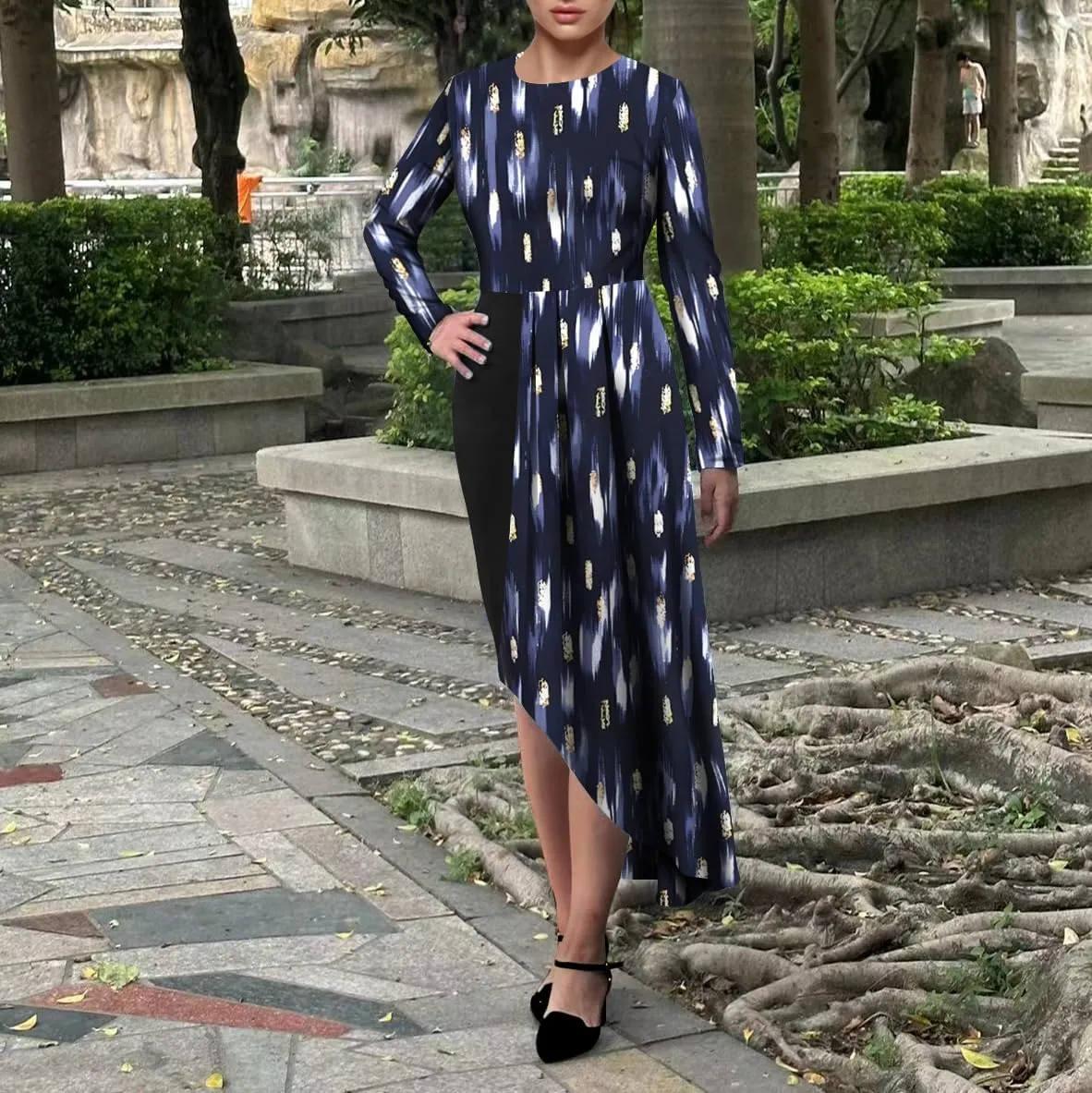 Women's Fit and Flare Midi Dress Floral Asymmetrical Hem Flowy Ruffles Bodycon Tea Party Dresses