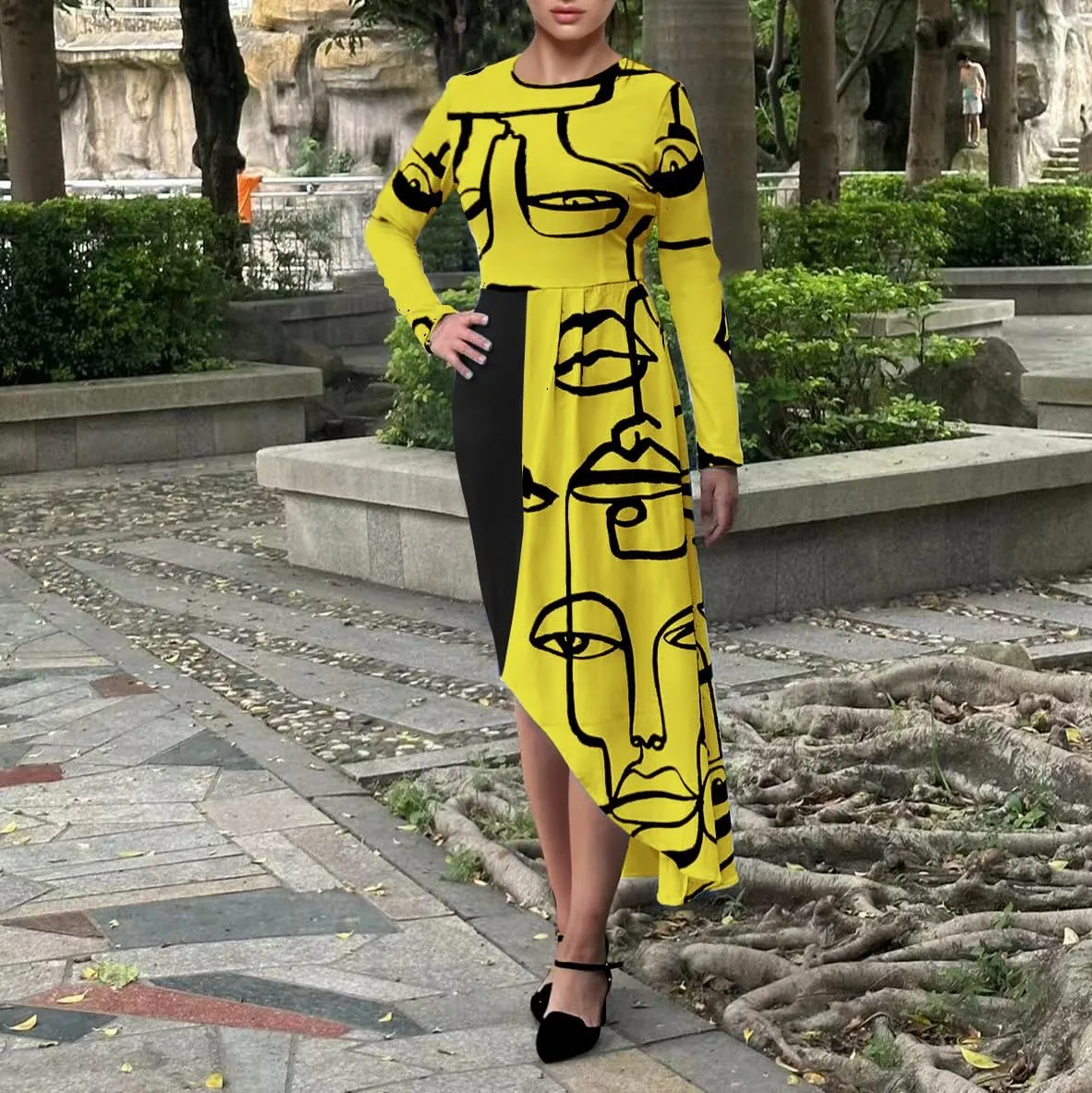 Women's Fit and Flare Midi Dress Floral Asymmetrical Hem Flowy Ruffles Bodycon Tea Party Dresses