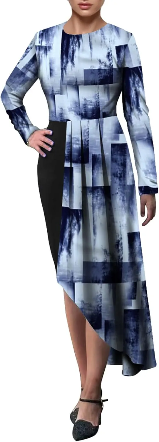 Women's Fit and Flare Midi Dress Floral Asymmetrical Hem Flowy Ruffles Bodycon Tea Party Dresses