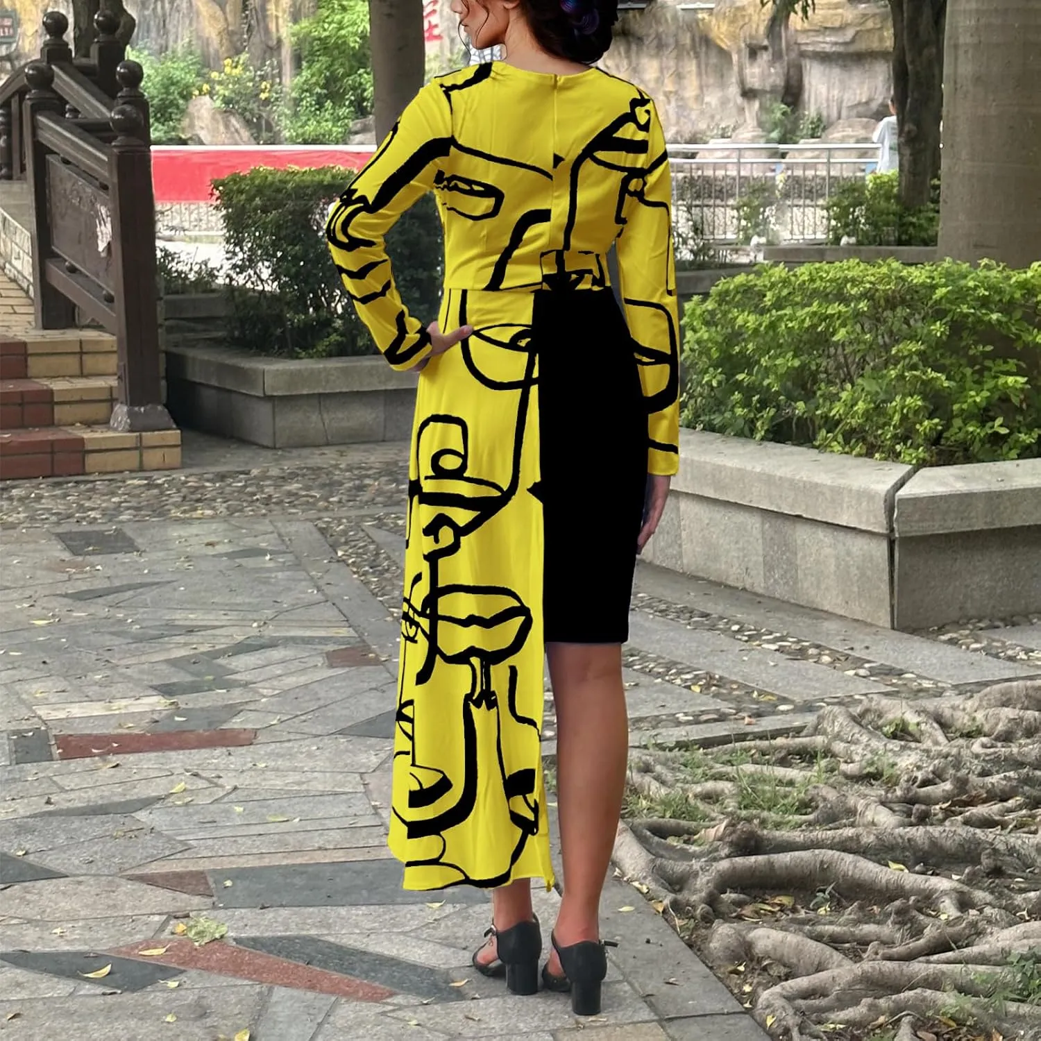 Women's Fit and Flare Midi Dress Floral Asymmetrical Hem Flowy Ruffles Bodycon Tea Party Dresses