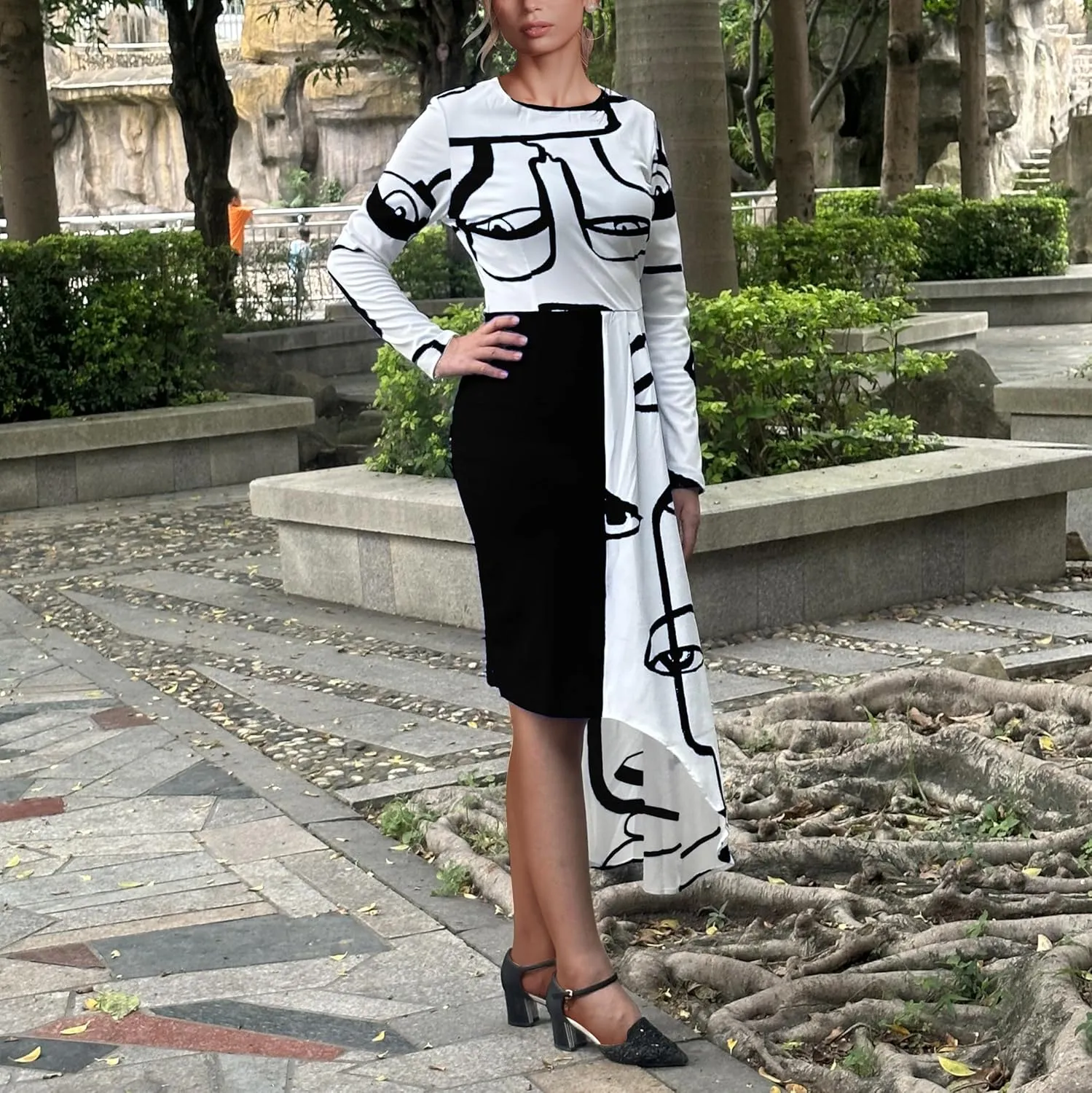 Women's Fit and Flare Midi Dress Floral Asymmetrical Hem Flowy Ruffles Bodycon Tea Party Dresses