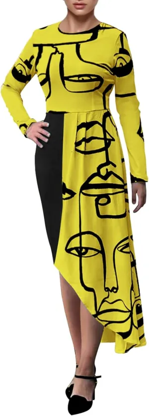 Women's Fit and Flare Midi Dress Floral Asymmetrical Hem Flowy Ruffles Bodycon Tea Party Dresses