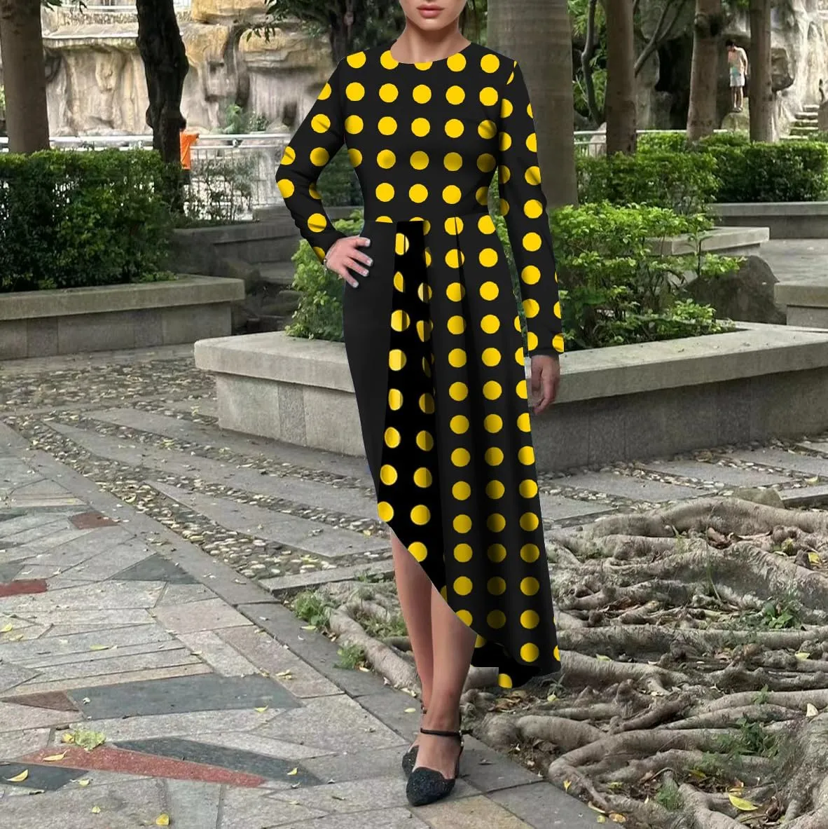 Women's Fit and Flare Midi Dress Floral Asymmetrical Hem Flowy Ruffles Bodycon Tea Party Dresses