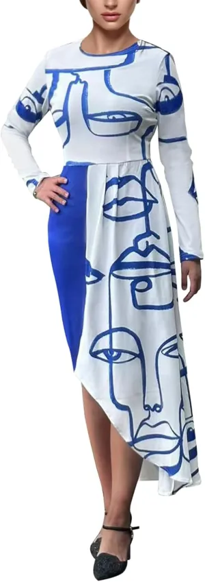 Women's Fit and Flare Midi Dress Floral Asymmetrical Hem Flowy Ruffles Bodycon Tea Party Dresses