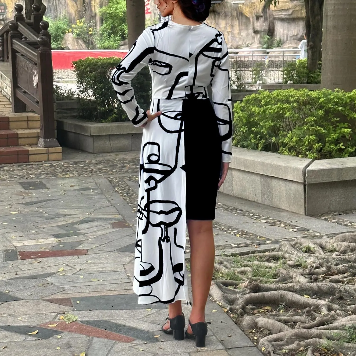 Women's Fit and Flare Midi Dress Floral Asymmetrical Hem Flowy Ruffles Bodycon Tea Party Dresses