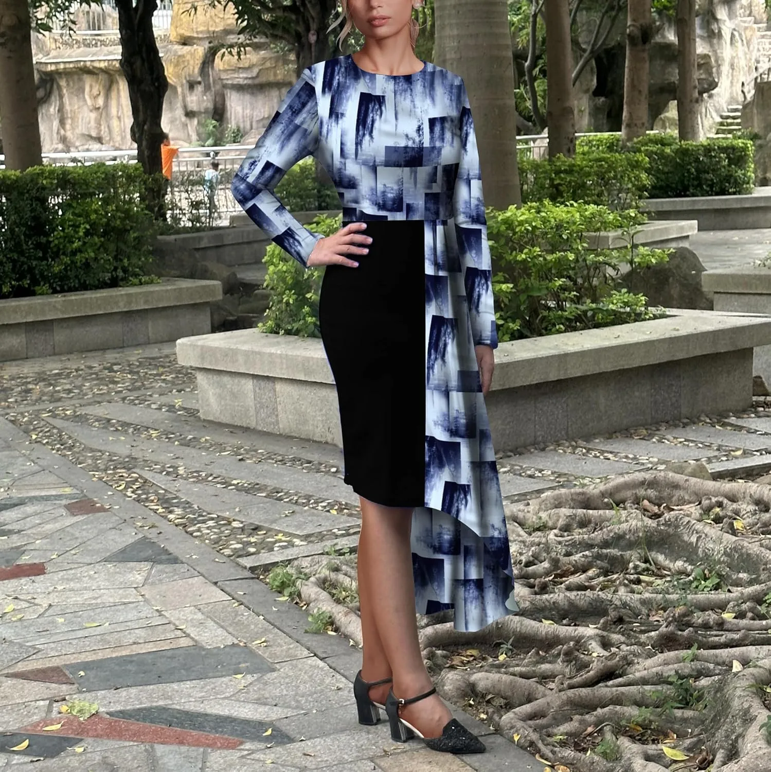 Women's Fit and Flare Midi Dress Floral Asymmetrical Hem Flowy Ruffles Bodycon Tea Party Dresses