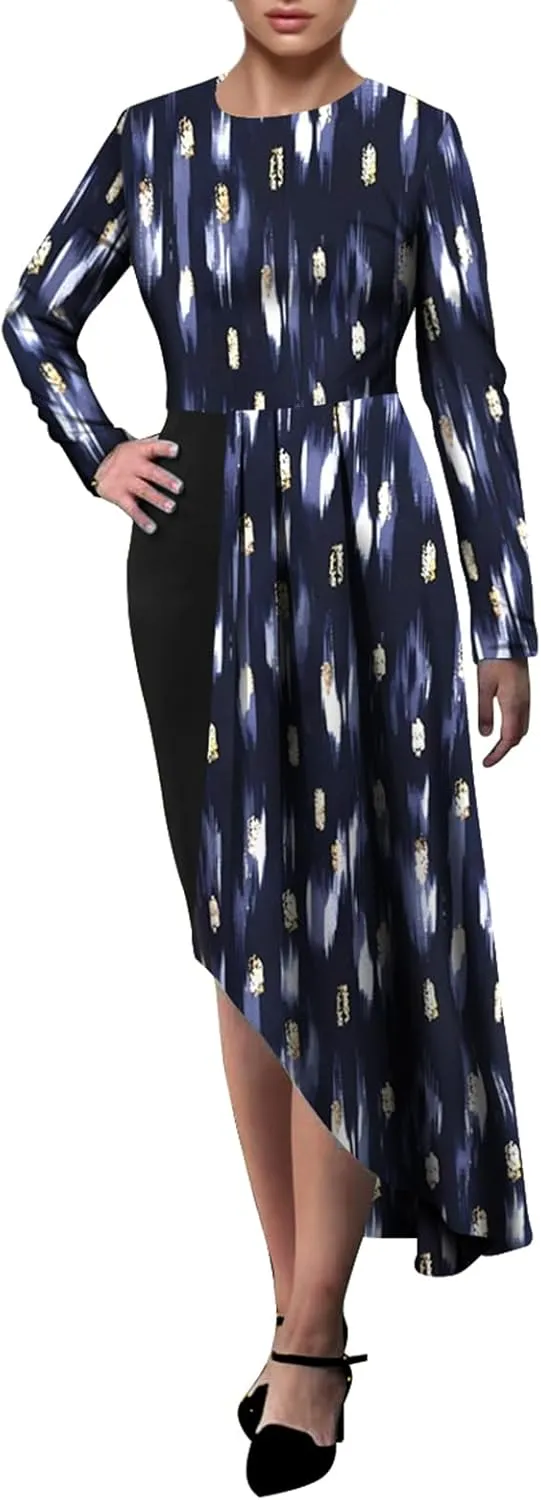 Women's Fit and Flare Midi Dress Floral Asymmetrical Hem Flowy Ruffles Bodycon Tea Party Dresses