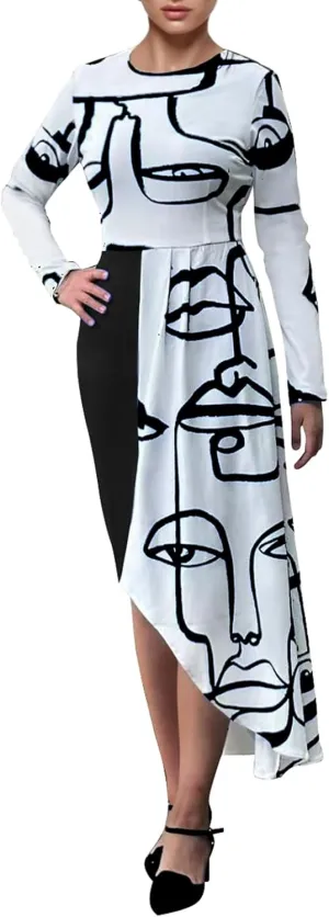 Women's Fit and Flare Midi Dress Floral Asymmetrical Hem Flowy Ruffles Bodycon Tea Party Dresses