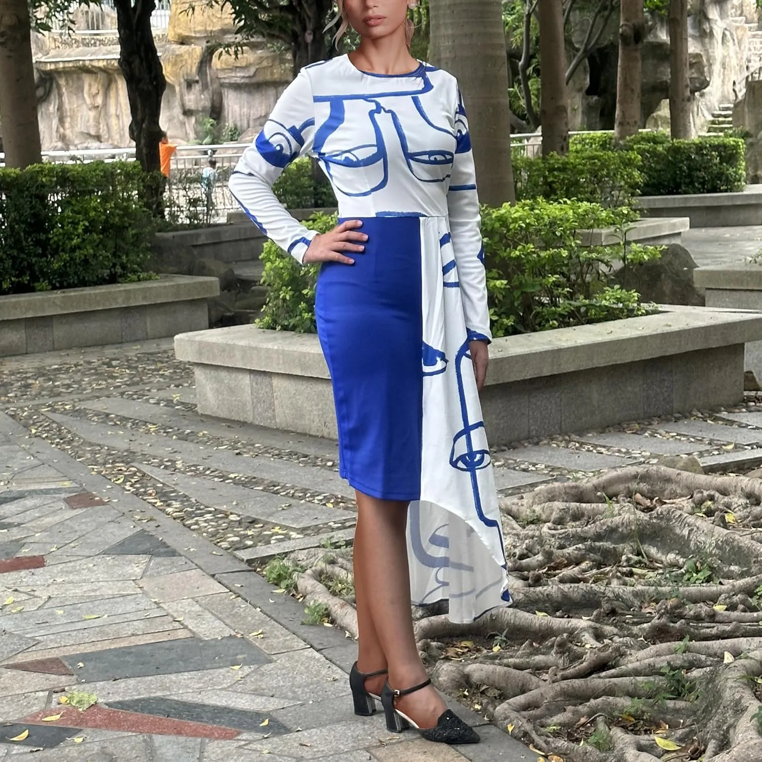 Women's Fit and Flare Midi Dress Floral Asymmetrical Hem Flowy Ruffles Bodycon Tea Party Dresses