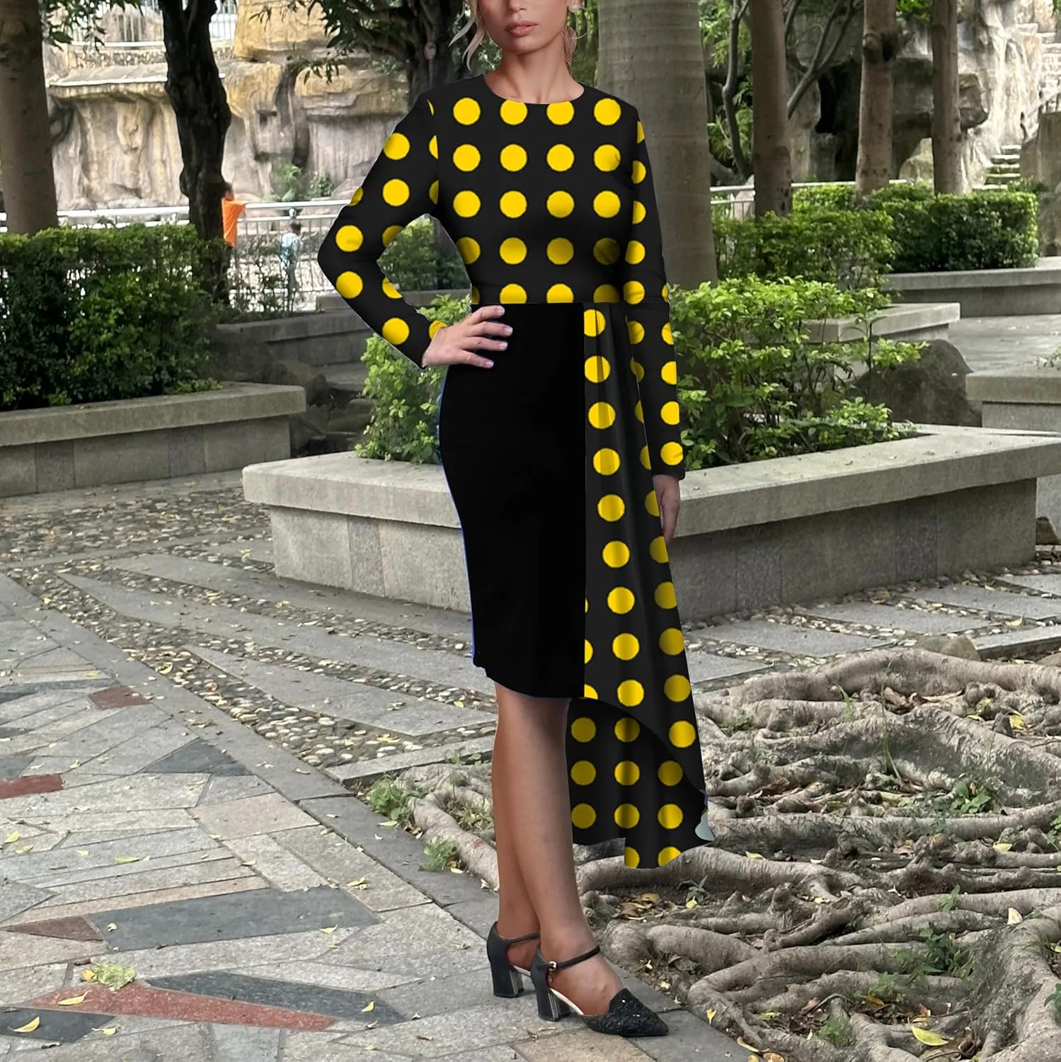 Women's Fit and Flare Midi Dress Floral Asymmetrical Hem Flowy Ruffles Bodycon Tea Party Dresses