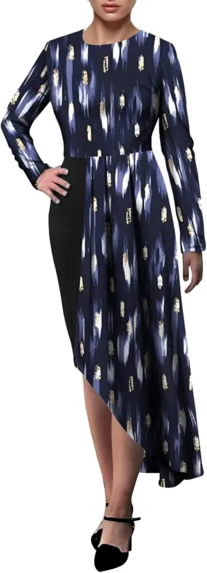Women's Fit and Flare Midi Dress Floral Asymmetrical Hem Flowy Ruffles Bodycon Tea Party Dresses