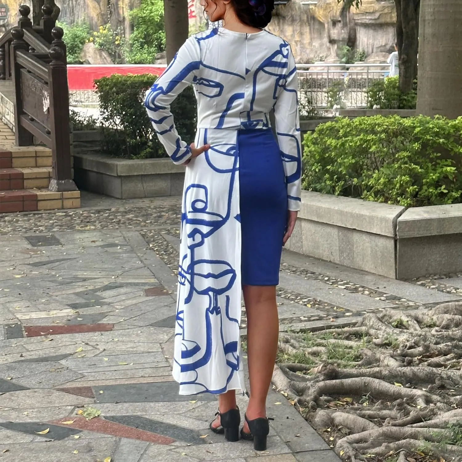 Women's Fit and Flare Midi Dress Floral Asymmetrical Hem Flowy Ruffles Bodycon Tea Party Dresses