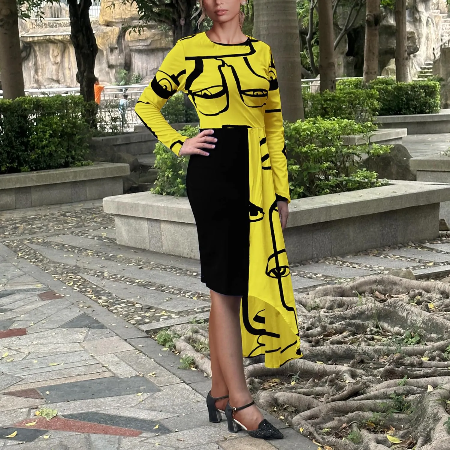 Women's Fit and Flare Midi Dress Floral Asymmetrical Hem Flowy Ruffles Bodycon Tea Party Dresses