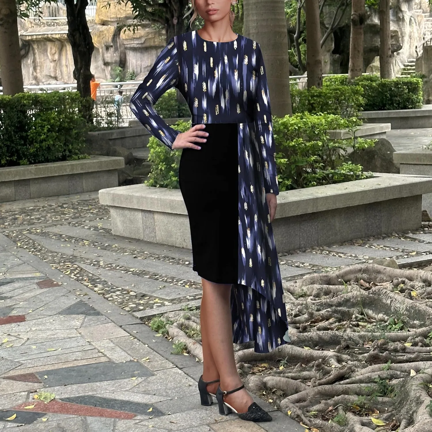 Women's Fit and Flare Midi Dress Floral Asymmetrical Hem Flowy Ruffles Bodycon Tea Party Dresses
