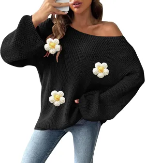 Womens Floral Print V Neck Knit Sweater Long Sleeve Fashion Tops Fall Pullover Crewneck Chunky Cable Knit Blouse Top