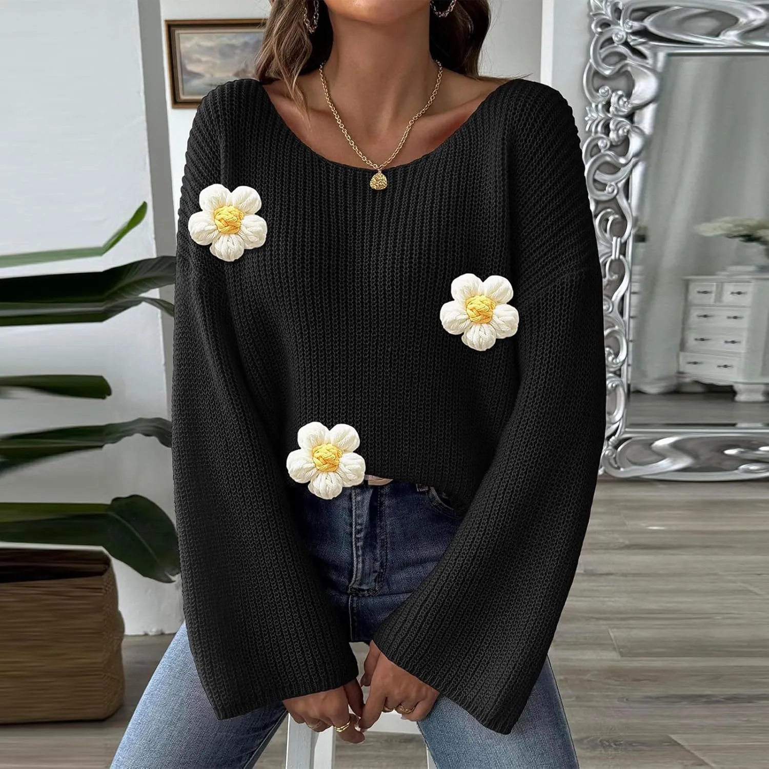 Womens Floral Print V Neck Knit Sweater Long Sleeve Fashion Tops Fall Pullover Crewneck Chunky Cable Knit Blouse Top