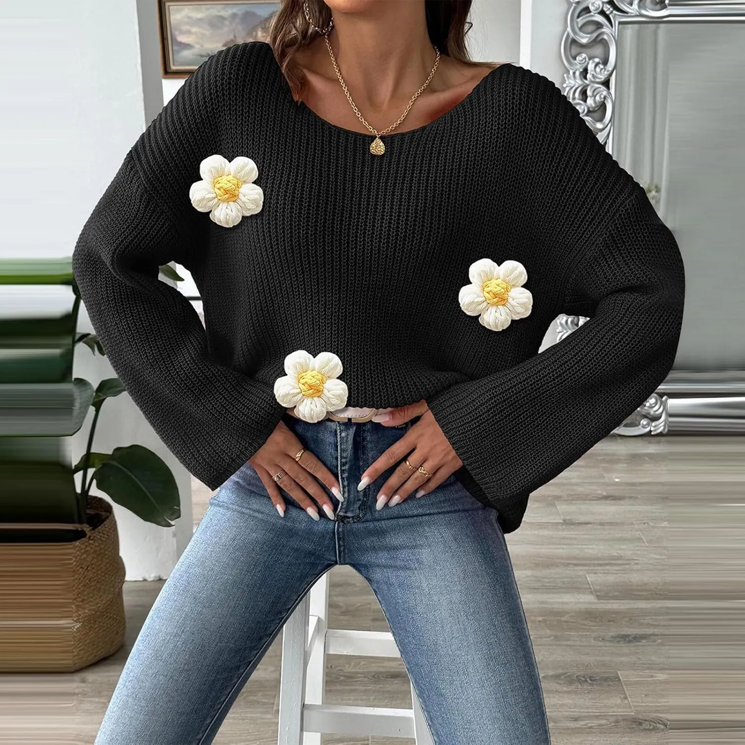 Womens Floral Print V Neck Knit Sweater Long Sleeve Fashion Tops Fall Pullover Crewneck Chunky Cable Knit Blouse Top