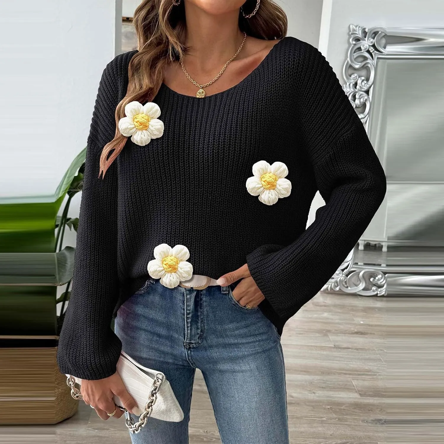 Womens Floral Print V Neck Knit Sweater Long Sleeve Fashion Tops Fall Pullover Crewneck Chunky Cable Knit Blouse Top