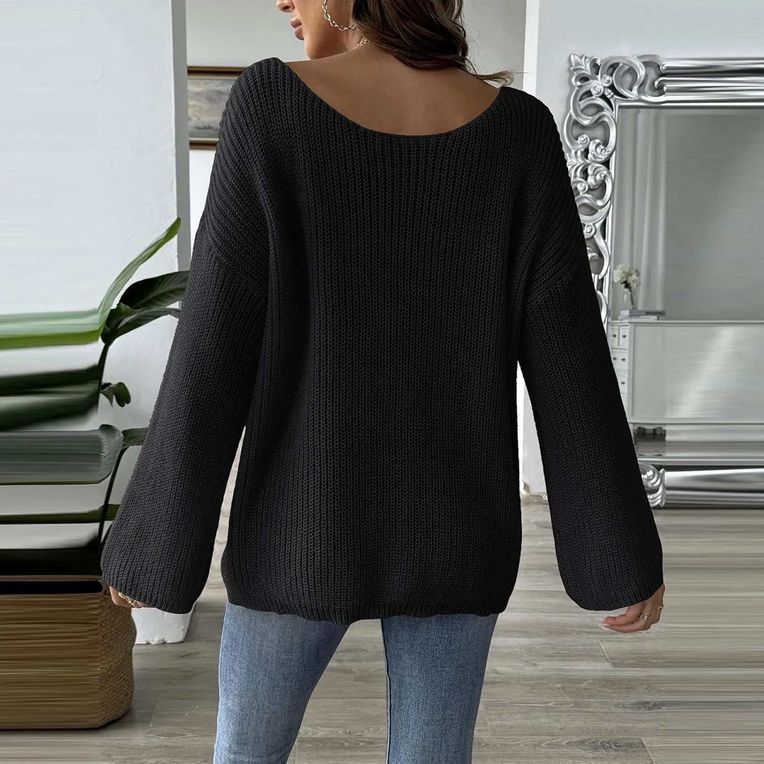Womens Floral Print V Neck Knit Sweater Long Sleeve Fashion Tops Fall Pullover Crewneck Chunky Cable Knit Blouse Top
