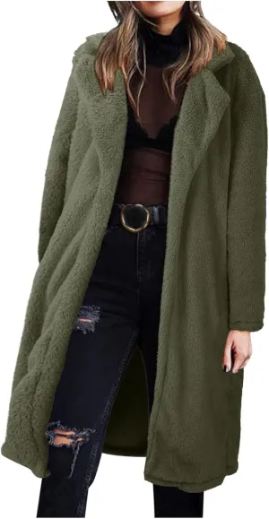 Womens Formal Classic Solid Fleece Coat Long Sleeve Lapel Length Outwear Casual Loose Warm Overcoat Outdoor Clothes