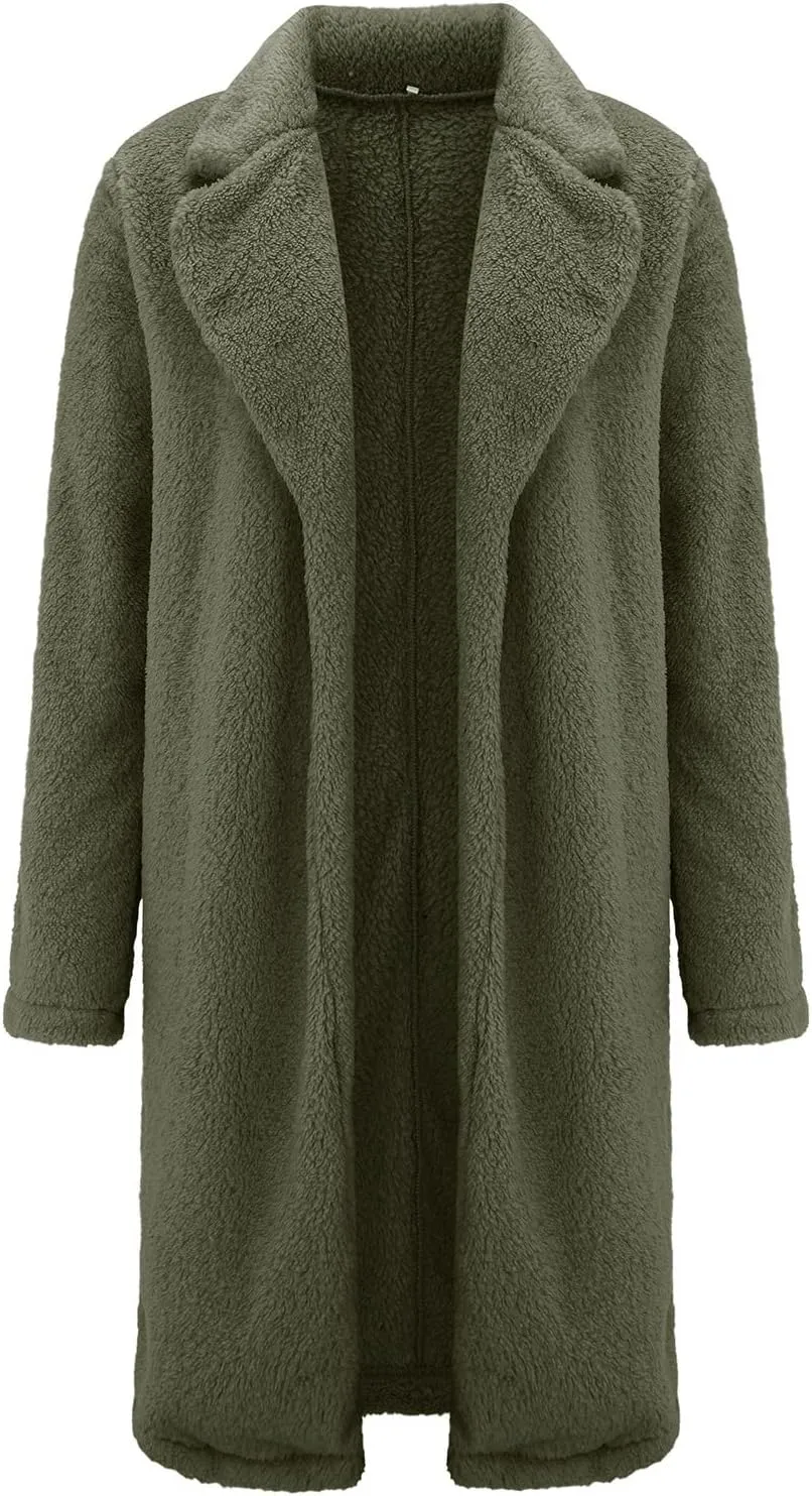 Womens Formal Classic Solid Fleece Coat Long Sleeve Lapel Length Outwear Casual Loose Warm Overcoat Outdoor Clothes