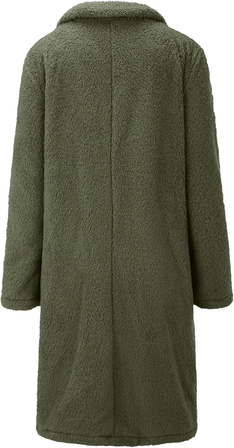 Womens Formal Classic Solid Fleece Coat Long Sleeve Lapel Length Outwear Casual Loose Warm Overcoat Outdoor Clothes