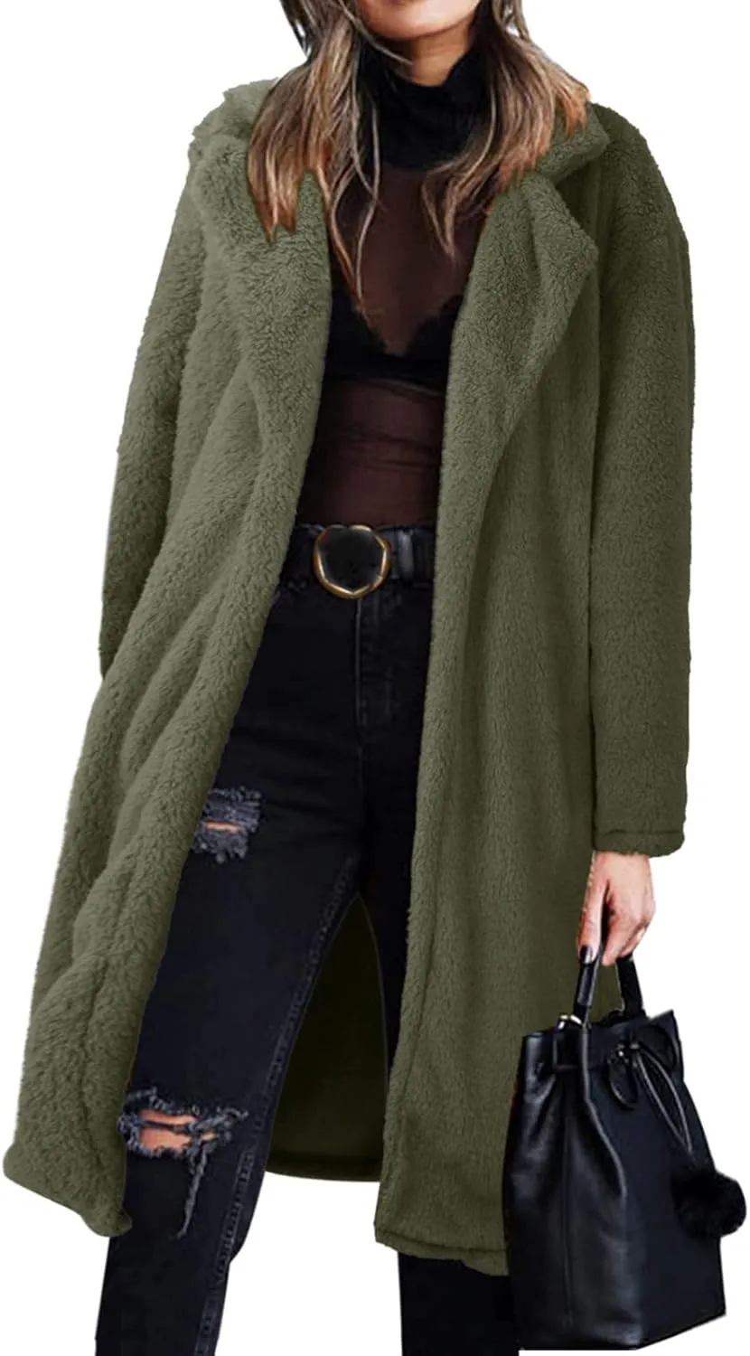 Womens Formal Classic Solid Fleece Coat Long Sleeve Lapel Length Outwear Casual Loose Warm Overcoat Outdoor Clothes