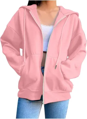 Women's Full Zip Hoodie Sweatshirts Solid Color Casual Long Sleeve Oversized Coats Drawstring With Pocket Outfits