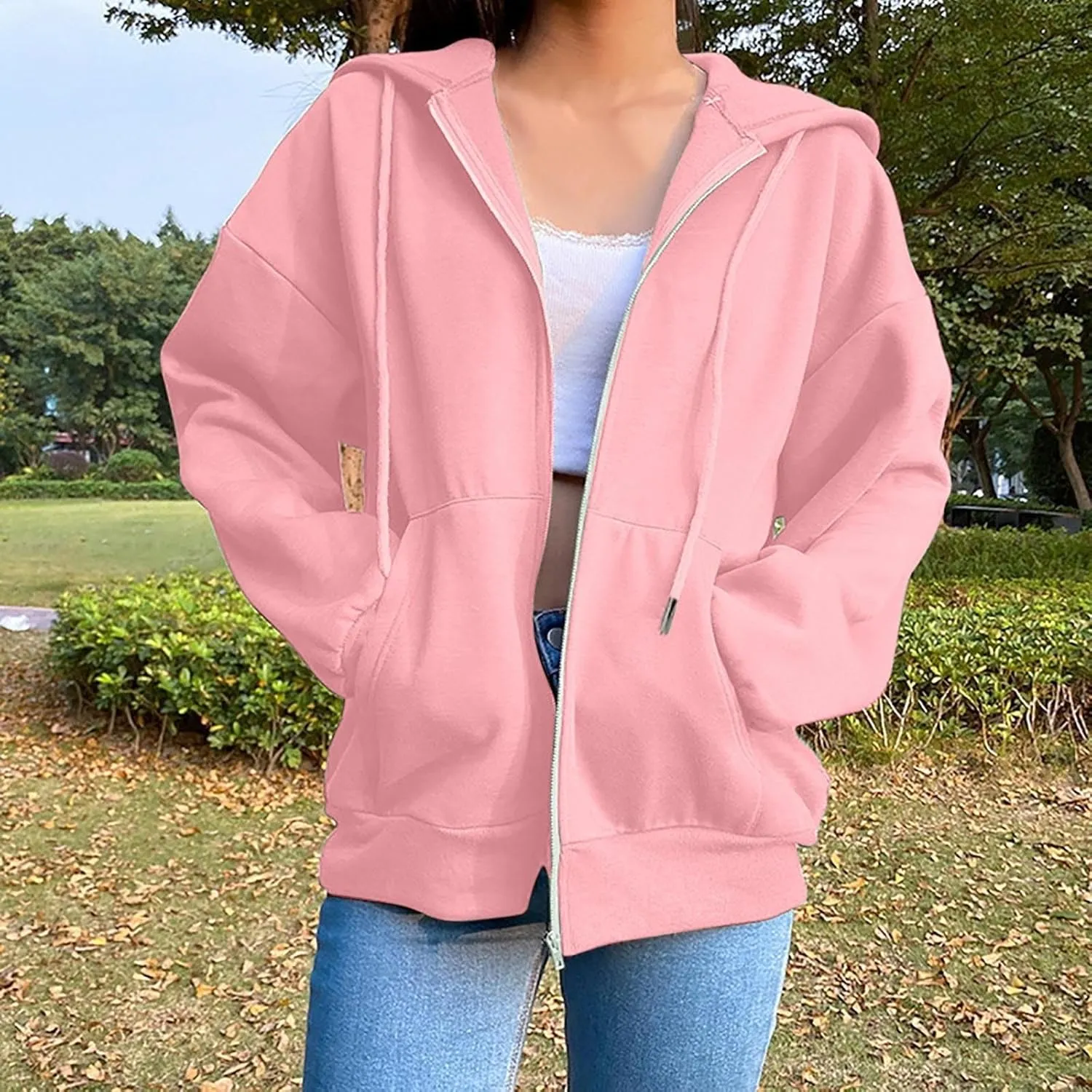 Women's Full Zip Hoodie Sweatshirts Solid Color Casual Long Sleeve Oversized Coats Drawstring With Pocket Outfits