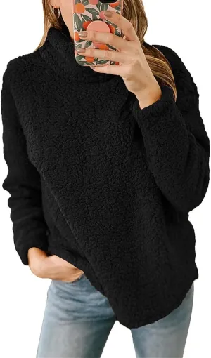 Womens Fuzzy Fleece Pullover Sherpa Sweatshirt Casual Long Sleeve Turtleneck Sweaters Loose Chunky Knit Tops