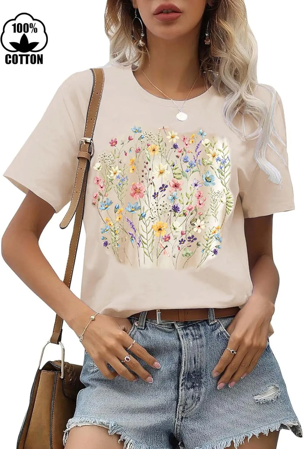 Women's Graphic Floral T Shirt Boho Wildflower Graphic Loose Tees Short Sleeve Vintage Summer Casual Tee Tops