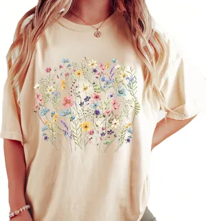 Women's Graphic Floral T Shirt Boho Wildflower Graphic Loose Tees Short Sleeve Vintage Summer Casual Tee Tops