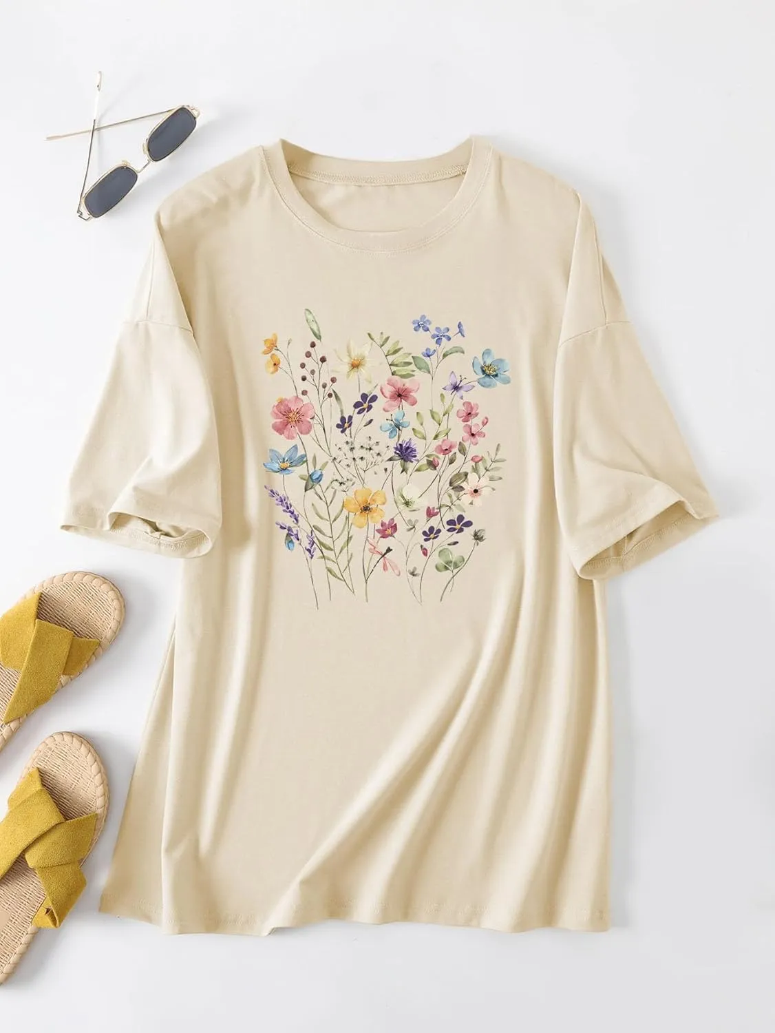 Women's Graphic Floral T Shirt Boho Wildflower Graphic Loose Tees Short Sleeve Vintage Summer Casual Tee Tops