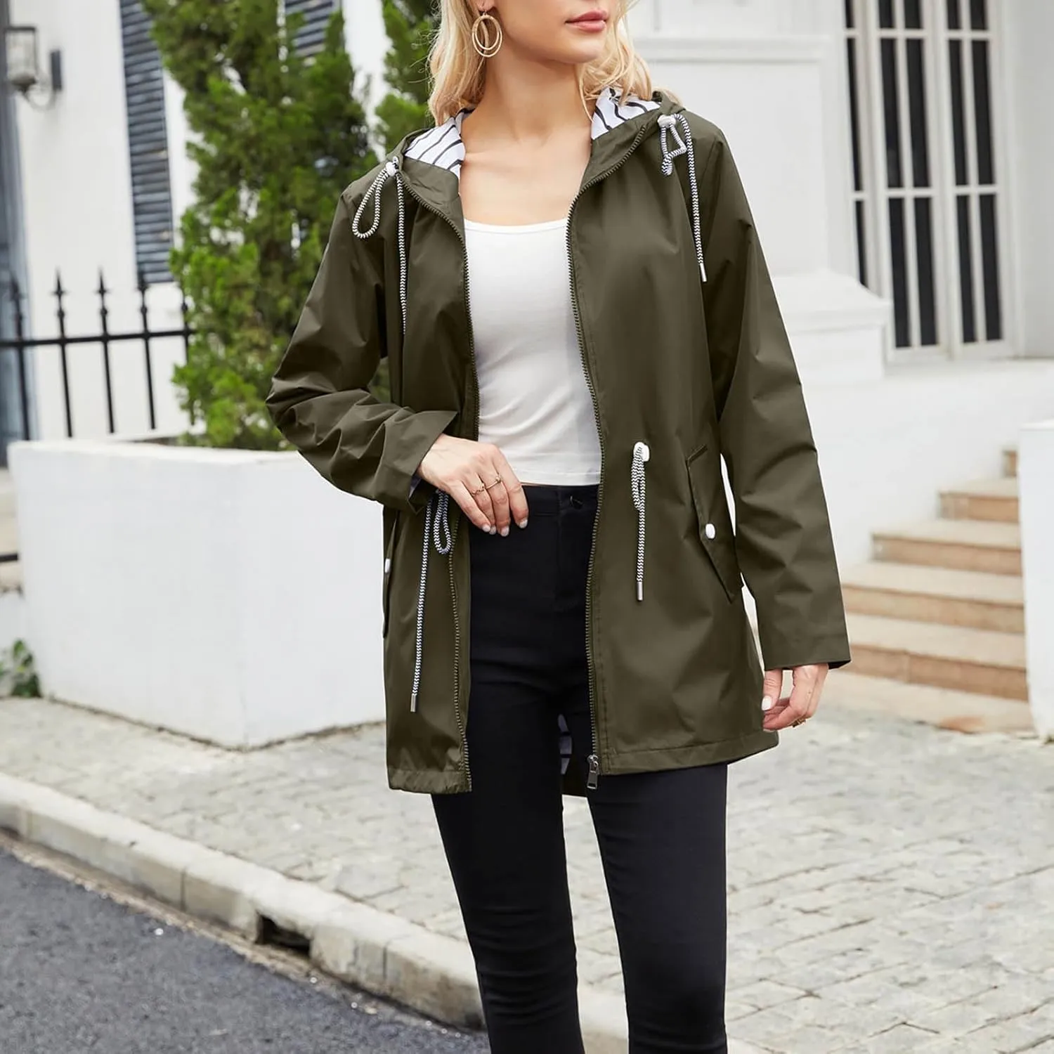 Womens Hooded Rain Jackets Fall Winter Outdoor Jacket Zip Up Hoodie Windbreaker Outwear Casual Rainproof Coats