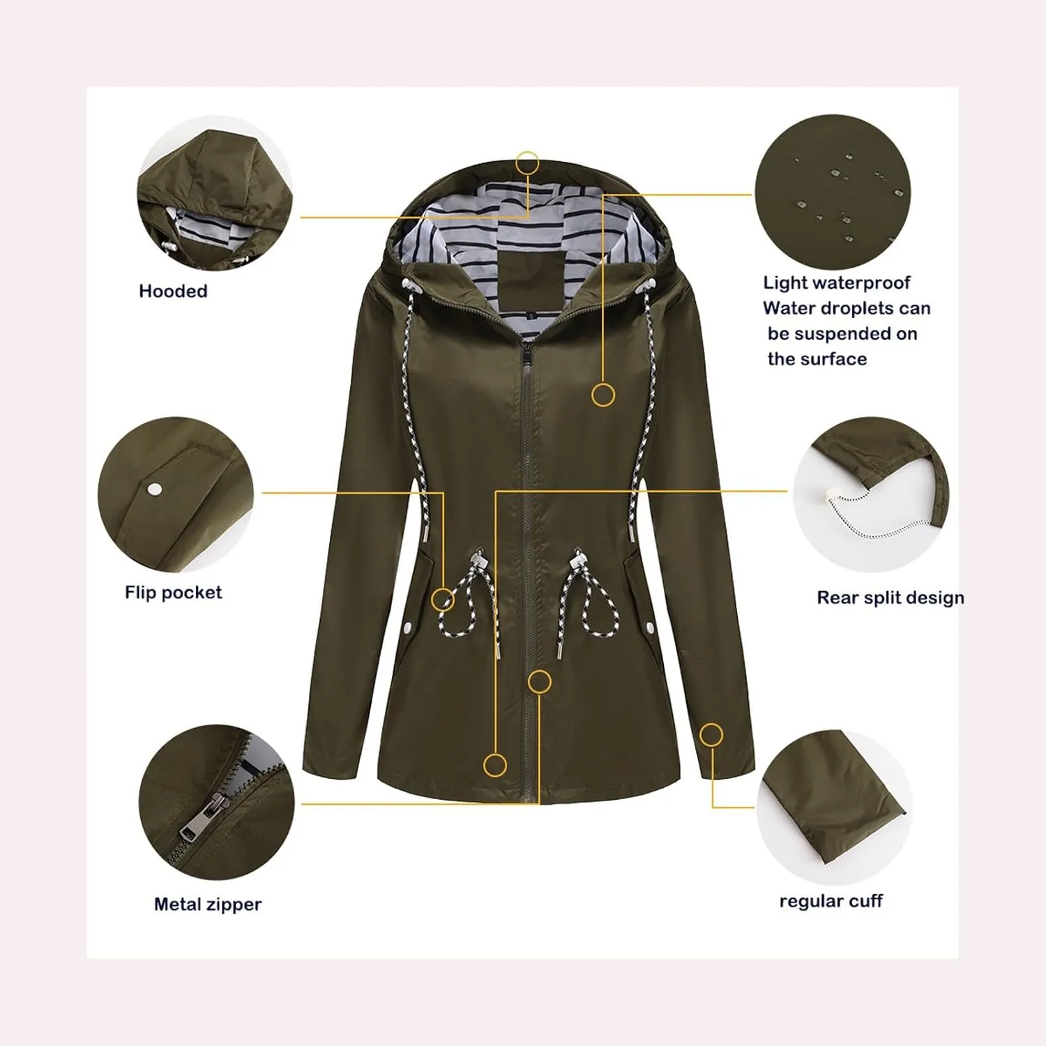 Womens Hooded Rain Jackets Fall Winter Outdoor Jacket Zip Up Hoodie Windbreaker Outwear Casual Rainproof Coats