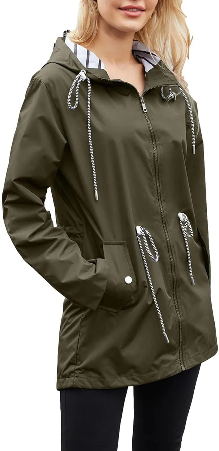 Womens Hooded Rain Jackets Fall Winter Outdoor Jacket Zip Up Hoodie Windbreaker Outwear Casual Rainproof Coats