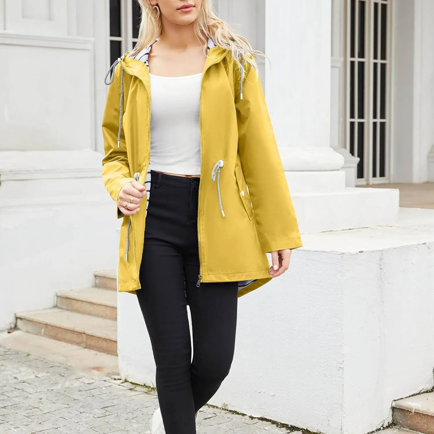 Womens Hooded Rain Jackets Fall Winter Outdoor Jacket Zip Up Hoodie Windbreaker Outwear Casual Rainproof Coats
