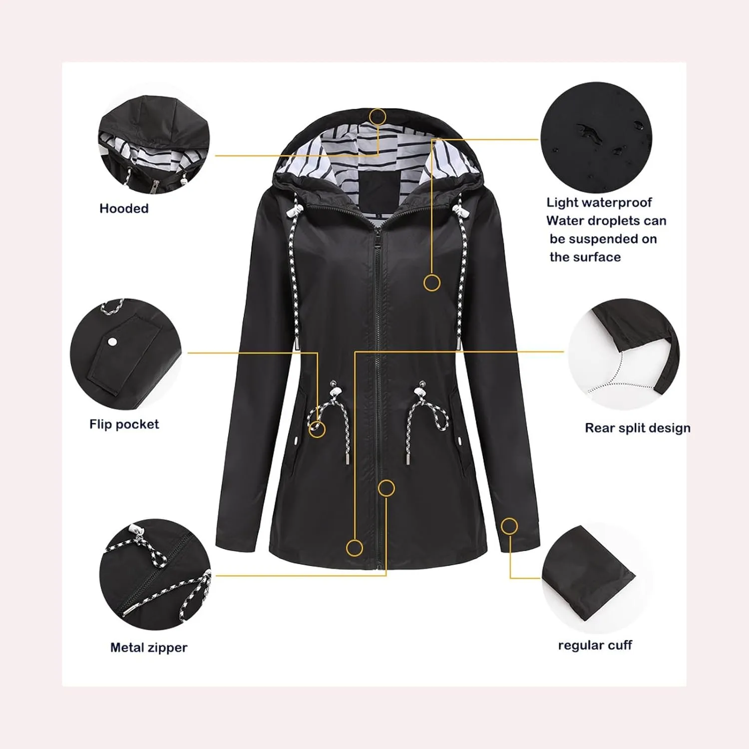 Womens Hooded Rain Jackets Fall Winter Outdoor Jacket Zip Up Hoodie Windbreaker Outwear Casual Rainproof Coats