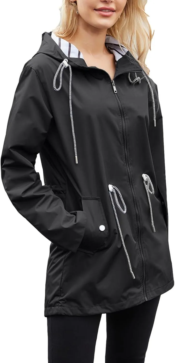 Womens Hooded Rain Jackets Fall Winter Outdoor Jacket Zip Up Hoodie Windbreaker Outwear Casual Rainproof Coats