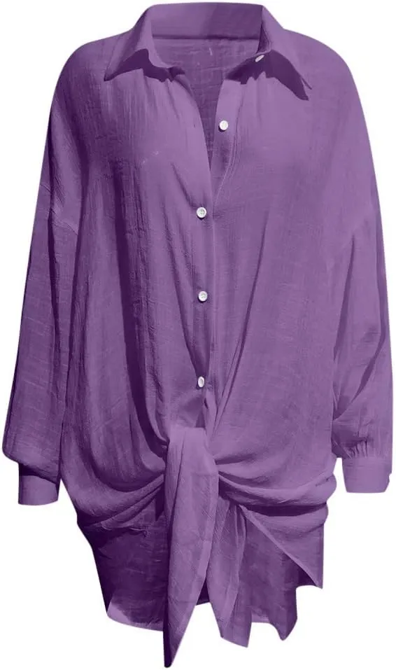 Womens Linen Blouses Dressy Casual Gauze Tops Lantern Long Sleeve Shirts Dress Beach Sundress Bathing Suits Coverup