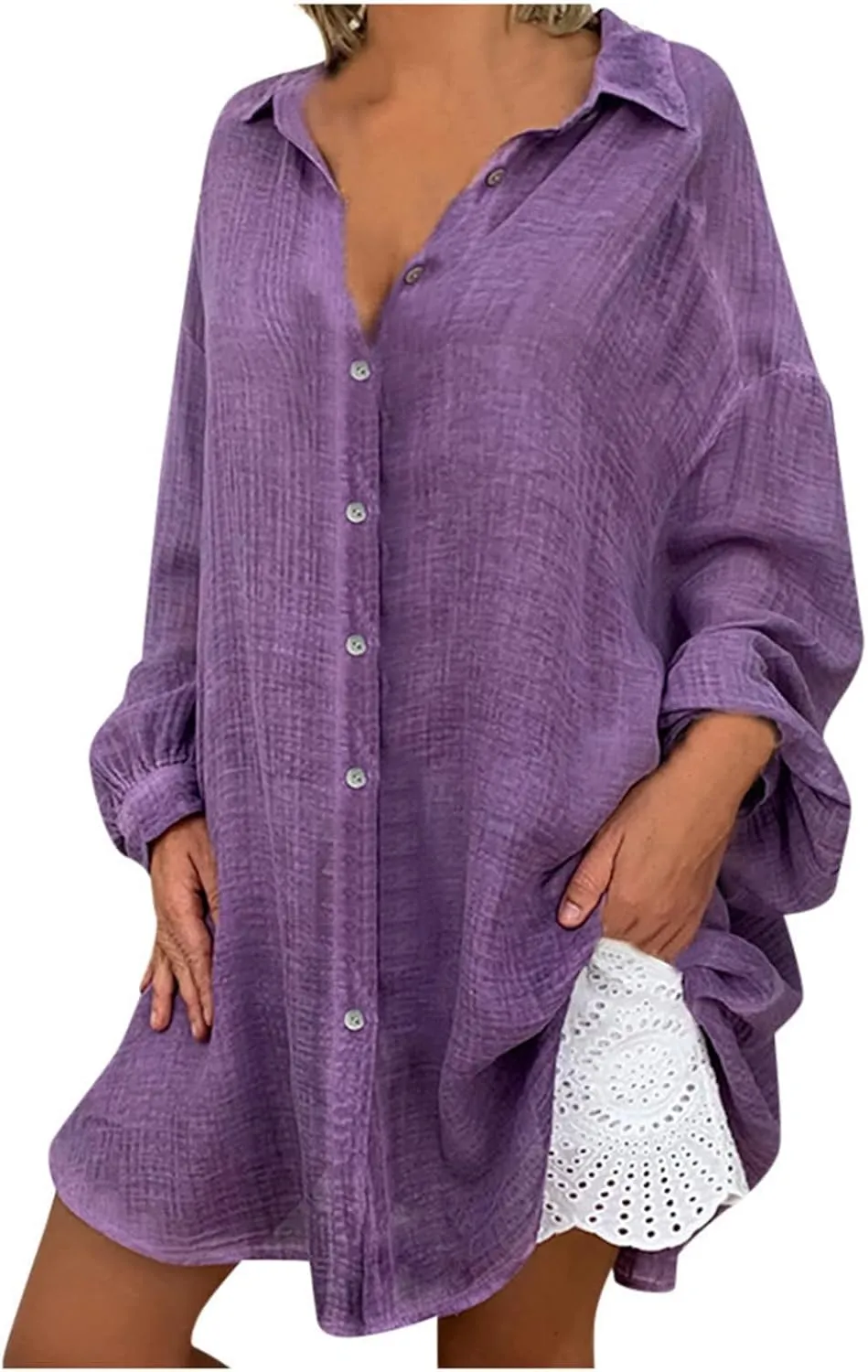 Womens Linen Blouses Dressy Casual Gauze Tops Lantern Long Sleeve Shirts Dress Beach Sundress Bathing Suits Coverup