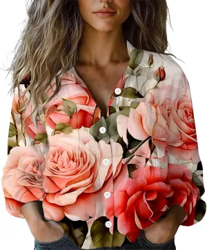 Womens Linen Button Down Boho Shirts Retro Floral Printed V Neck Long Sleeve Blouse Collared Casual Tops with Pockets
