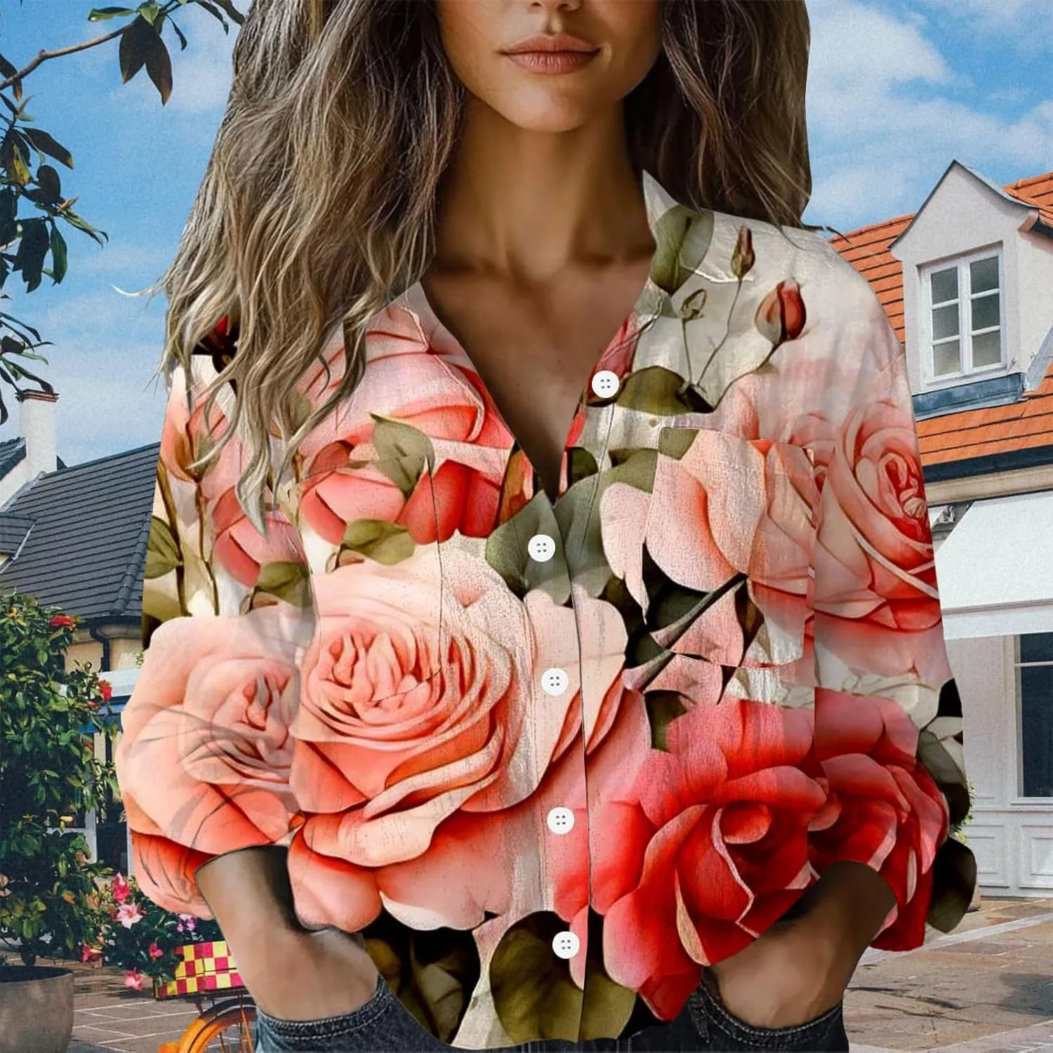 Womens Linen Button Down Boho Shirts Retro Floral Printed V Neck Long Sleeve Blouse Collared Casual Tops with Pockets