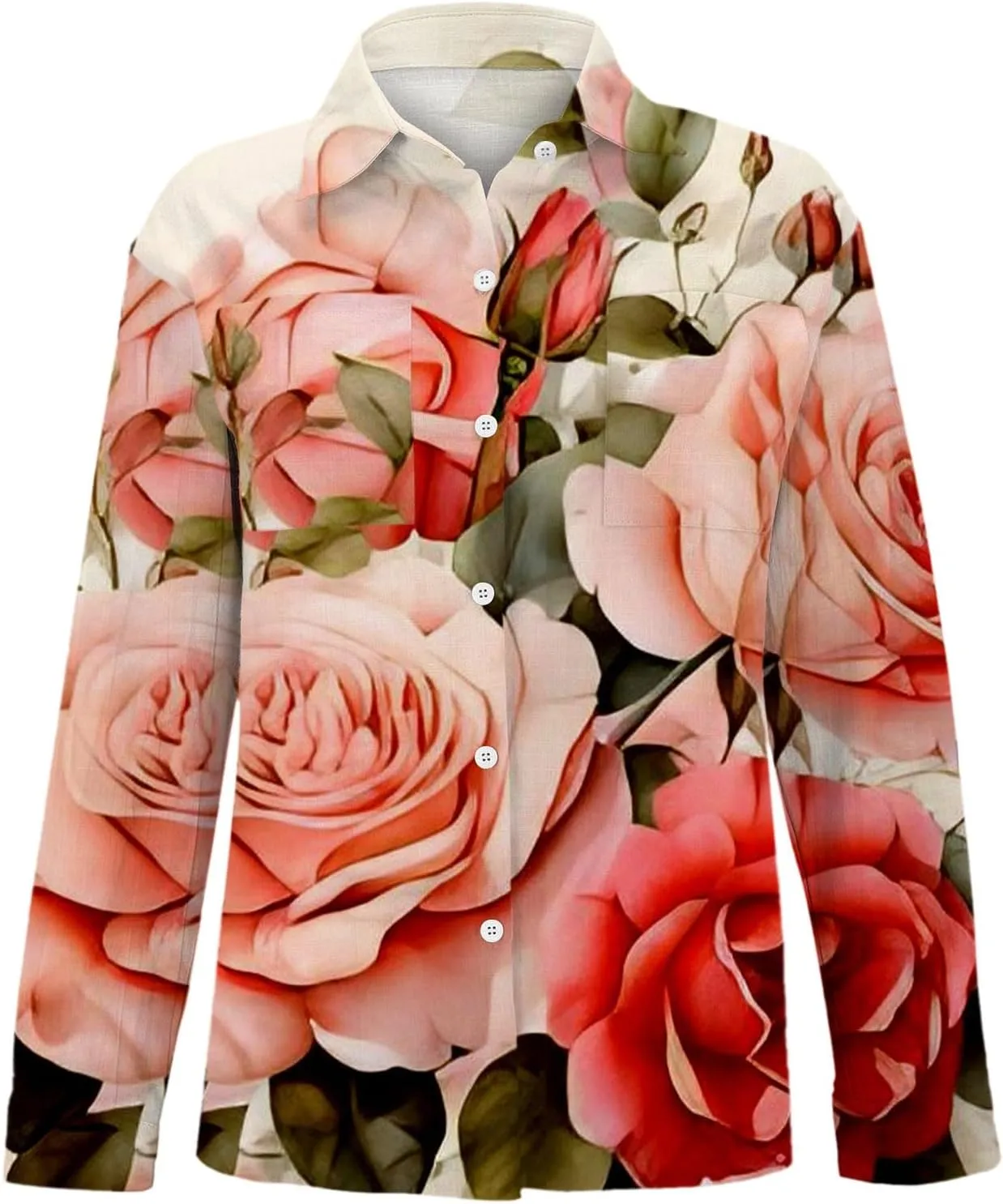 Womens Linen Button Down Boho Shirts Retro Floral Printed V Neck Long Sleeve Blouse Collared Casual Tops with Pockets